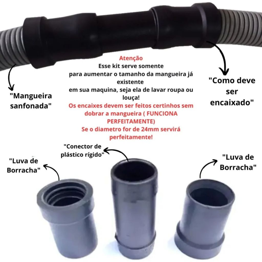 Kit Emenda extensor mais 2 metros de mangueira sanfonada e suporte curvo para maquina de lavar roupa lava louças