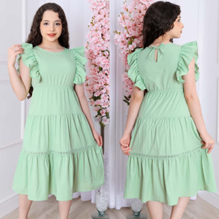 Vestido Juvenil Feminino Borboleta – Com Babado, Cintura Elástica e forro na saia, tecido crepi – Moda Infantil Feminina em Oferta na Shopee