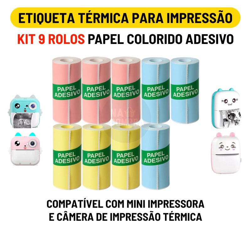 Imagem Kit 9 Bobina Etiqueta Térmica Adesiva Colorida 57mm Rolo Refil Mini Impressora e Maquina Fotográfica