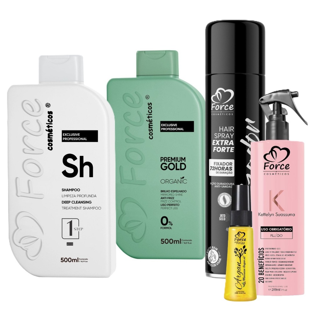 Kit Profissional Progressiva Premium Gold Organica 500ml - Liso, Fixação e Reparação (5 itens)