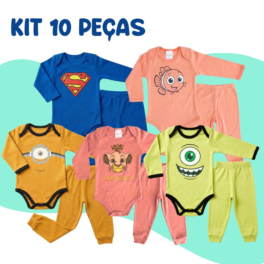 Kit 10 Peças de Roupas para Bebê Menino (5 Body manga longa + 5 Calça Mijão)Kit 5 Body Roupa Infantil Bebê
