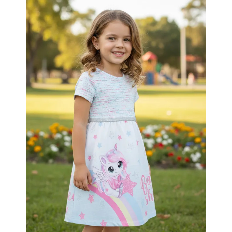 Vestido Infantil Menina Cinti Festas Estampa Unicórnio