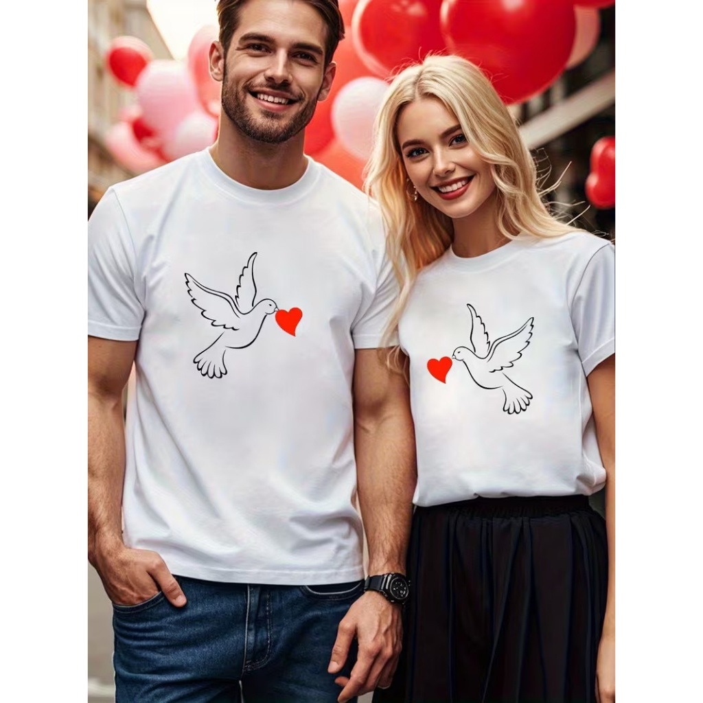 Camiseta casal pomba com coração estampa romântica para namorados apaixonados que celebram o amor com estilo