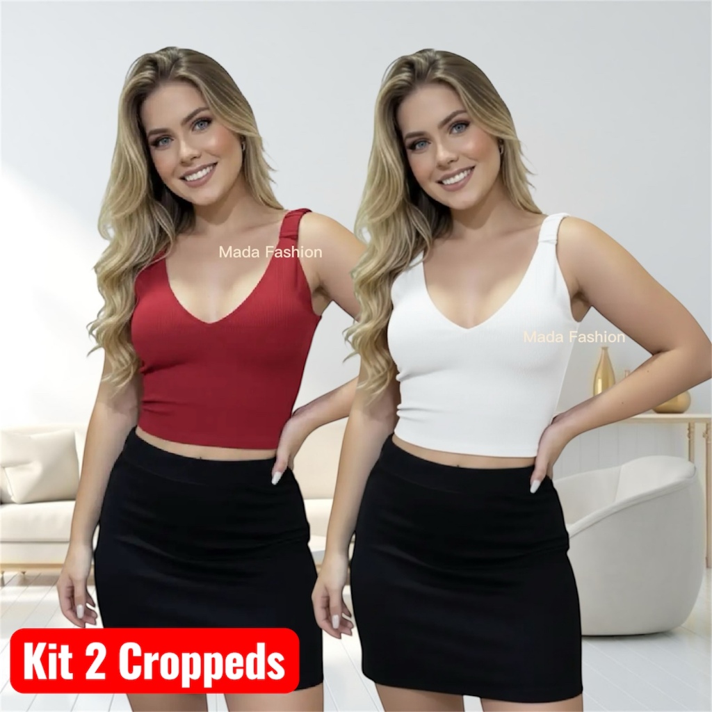Kit 2 Blusa Cropped Feminino Regata Top Decote V Canelado Alça Elastico Verão Elegante Tendencia