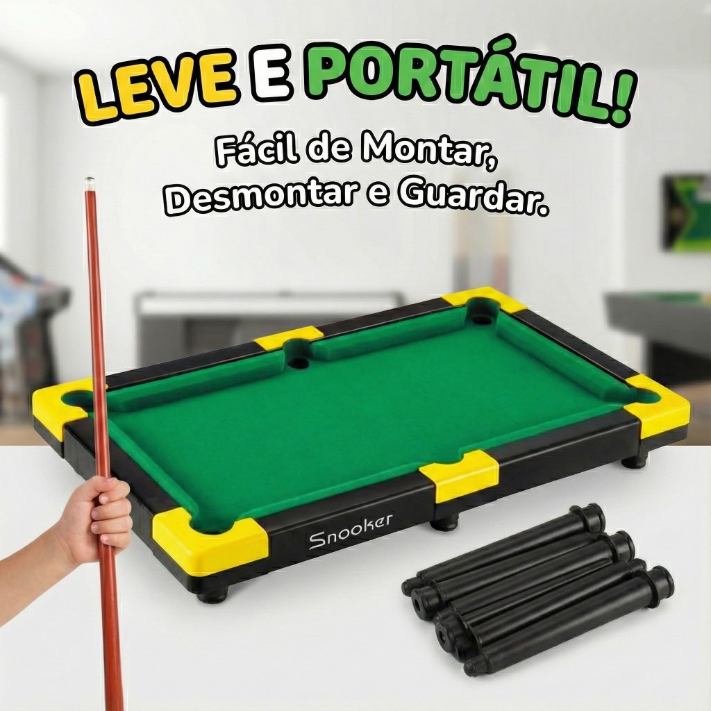Detalhes do Brinquedo Jogo Mini Mesa Sinuca Bilhar Snoocker Portátil Criança Infantil Completo 48cm Kizumba