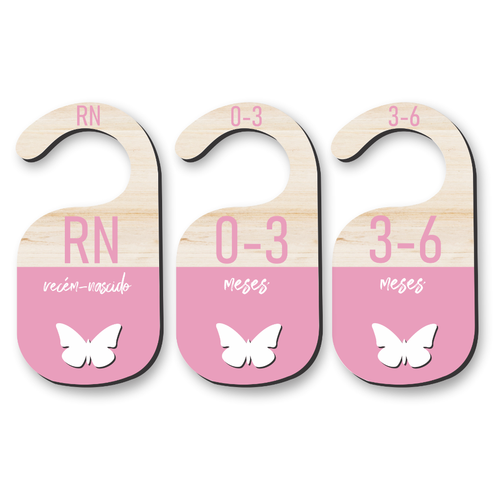 Kit Separador de Cabides Bebê Rosa Borboleta • MDF 6 Peças • Organização RN a 18 Meses