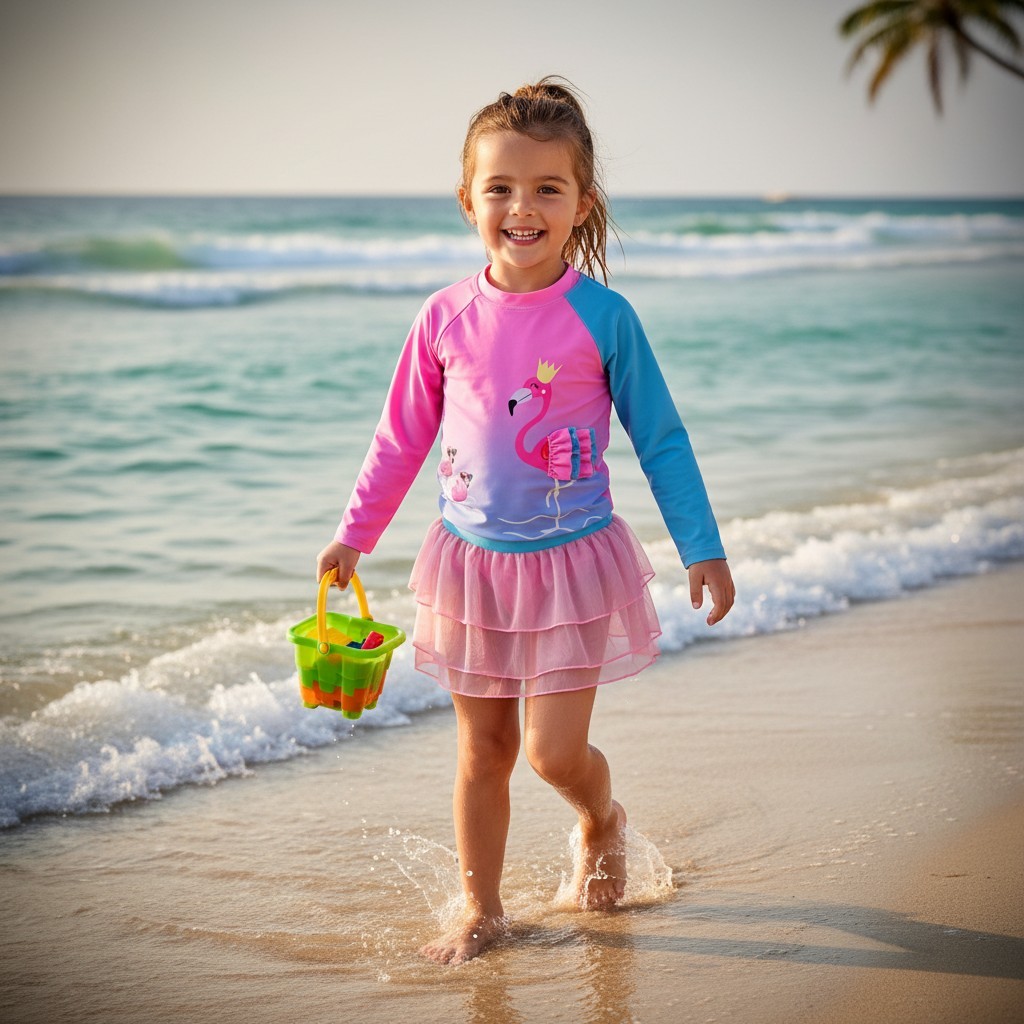 Kit Praia Feminino Biquini Infantil Bebê Blusa Manga Longa Proteção UV+ Short/Saia Moda Praia Verão
