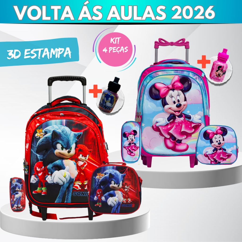 Kit Mochila Escolar - Estampa 3D - Rodinha - Menino - Menina