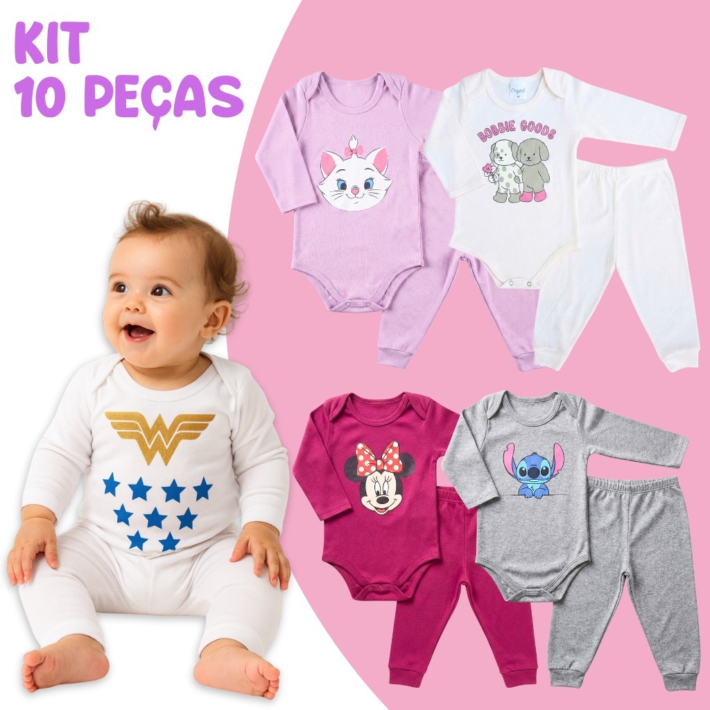 Kit 10 Peças de Roupas para Bebê Menina (5 Body Longo + 5 Calça Mijão)Kit 5 Conjunto Body + Calça Roupa Infantil Bebê