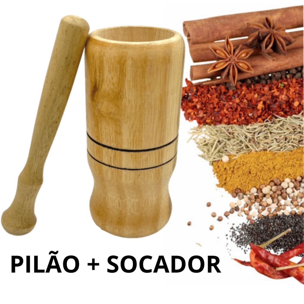 Pilão Socador de Madeira almofariz gral Machucador Moedor manual Macerador Pestilo temperos