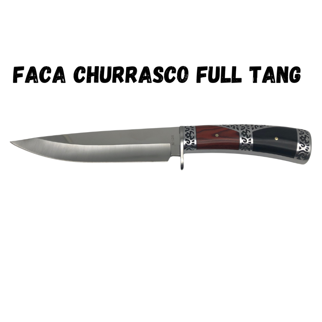 Faca Churrasco Caça e Pesca Cabo Artesanal em Madeira, Full Tang Aço Inox - 1241