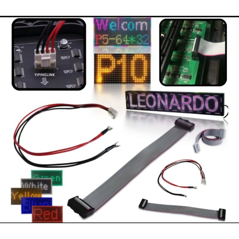 Kit Com 2 Cabos Flat E Alimentação Para Módulo Painel D Led P/ P10 - P5 - P4 - P3 16-PINOS