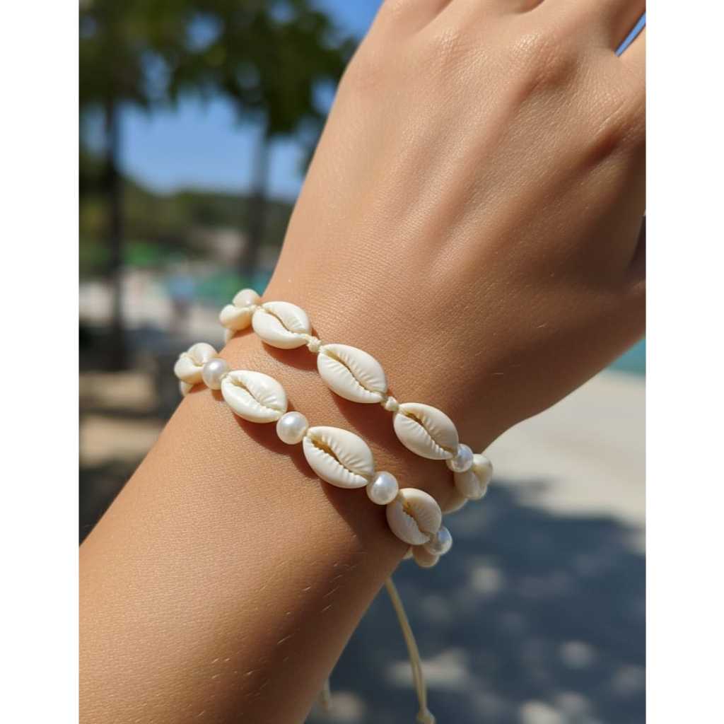 Kit 2 Pulseiras buzio com perola artesanal moda praia unissex ajustavel amarrar buzio natural