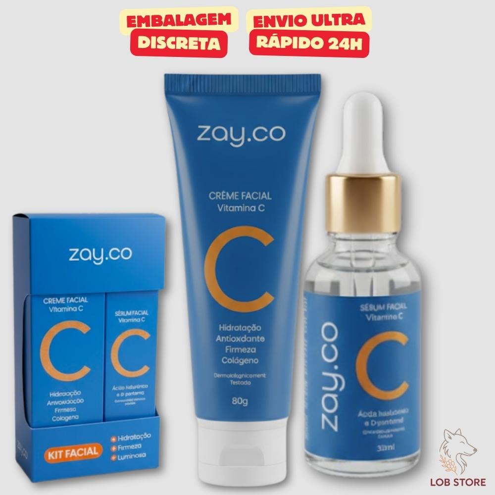 Kit Sérum Facial Ácido Hialurônico e D-Pantenol + Creme Hidratante Antioxidante Vitamina C Colágeno