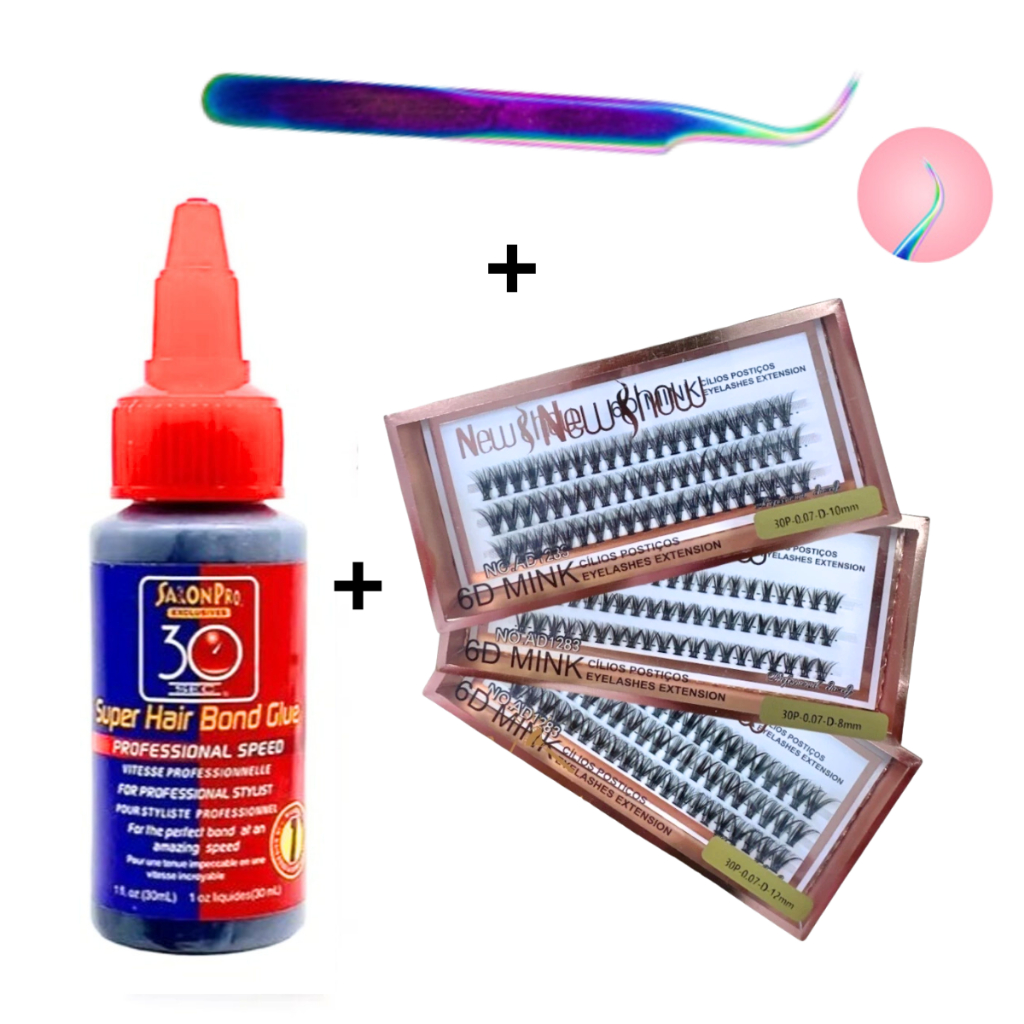 Conjunto de Cola 30ml Salon Pro + Pinça Vetus + Cílios Postiços 30P-0.07-D NEW SHOW - Tufos Sem nó em Oferta na Shopee