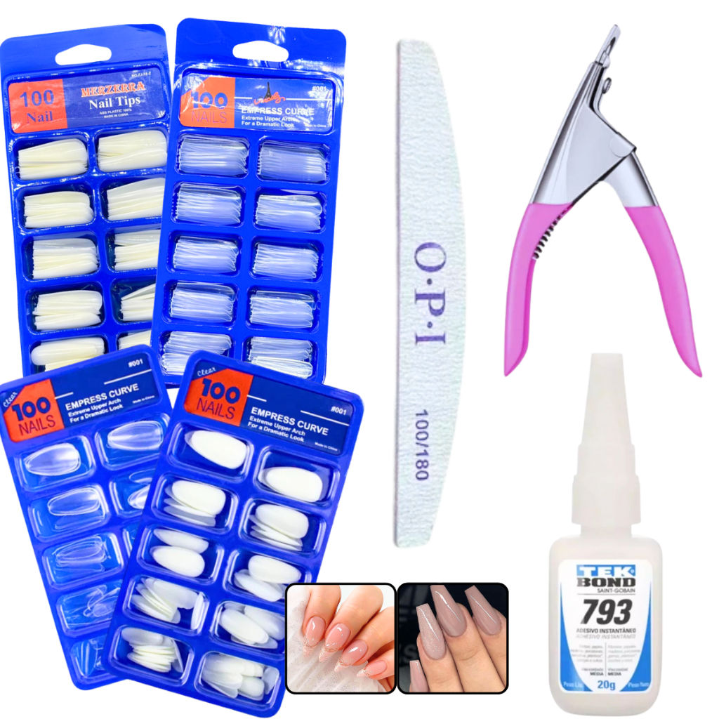 Kit Completo Alongamento de Unha - Unha Postiça Amendoada ou Bailarina + Alicate +  Tek Bond + Lixa em Oferta na Shopee
