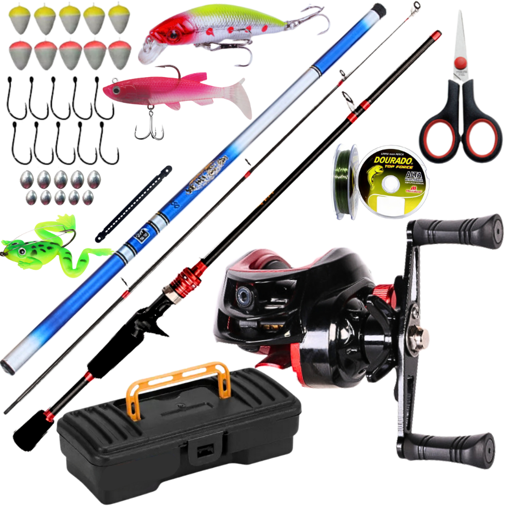 Carretilha de Pesca Anticabeleira Vara Fibra Carbono Vara Telescopica Mão 4,50 KIT Isca Artificial