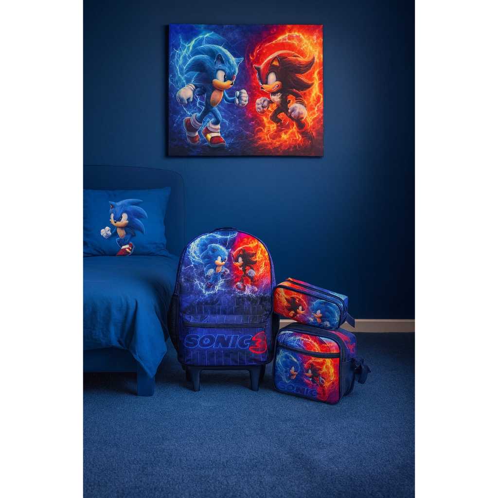 Kit Mochila de Rodinha + Lancheira + Estojo Normal Sonic 3