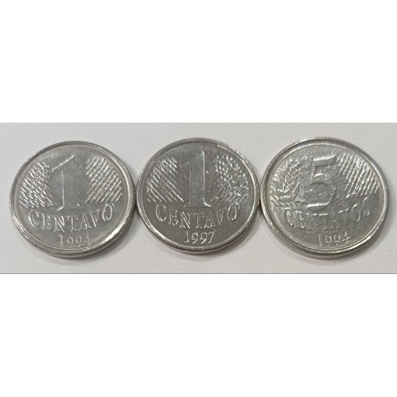 3 moedas de centavos da  primeira família do real 1 cent 94, 1 cent. 97 e 5 centavos 94 brinde uma de 10 cruzados