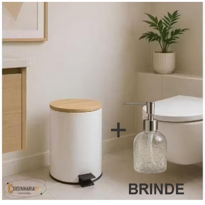 Lixeira Branca Redonda 5 Litros Inox Tampa Bambu Cesto Removível Pedal Banheiro Escritório Cozinha