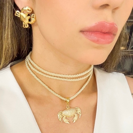 Kit Colar de Cordão com Pingente + Brinco Dourado | Moda Praia Verão 2025 | Caranguejo ou Peixe em Oferta na Shopee