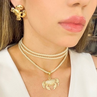 Kit Colar de Cordão com Pingente + Brinco Dourado | Moda Praia Verão 2025 | Caranguejo ou Peixe em Oferta na Shopee