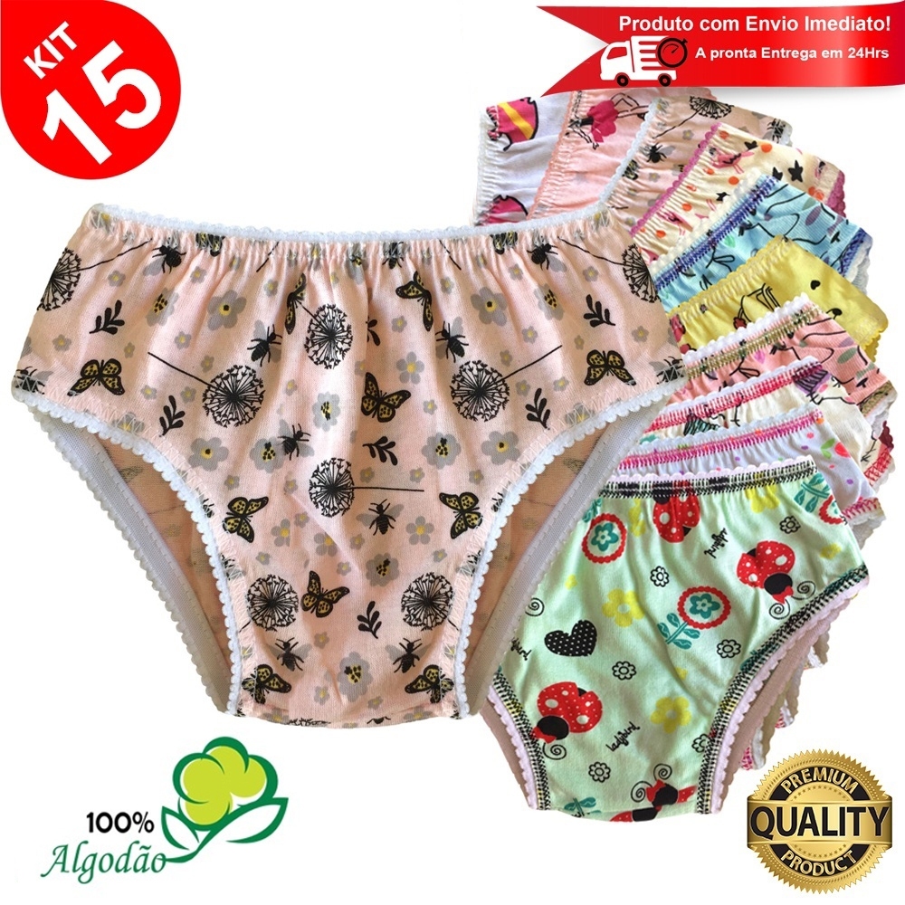 Kit 15 Calcinhas Infantil Algodão Estampada Elástico Menina Revenda