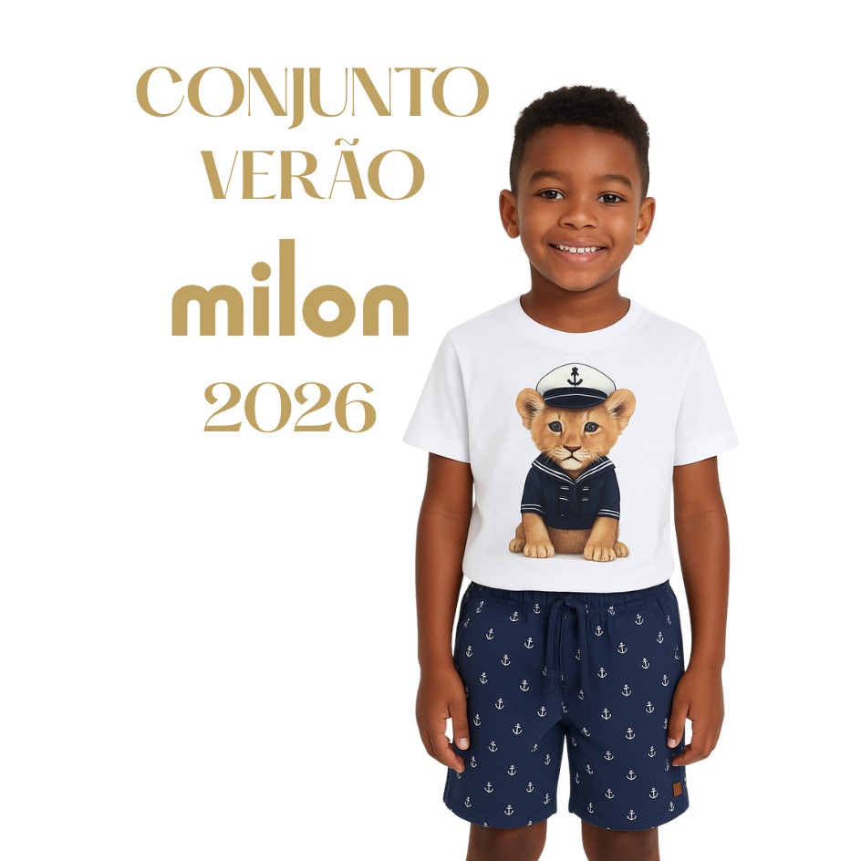 Conjunto Infantil milon bordado menino leão marinheiro bermuda moleton sem felpa modelo naútico 2026