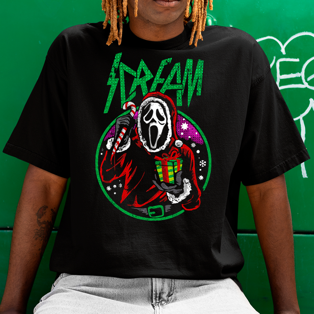 Camisa Camiseta Basica Natal PanIco terror scream Merry Christmas em algodao Unissex
