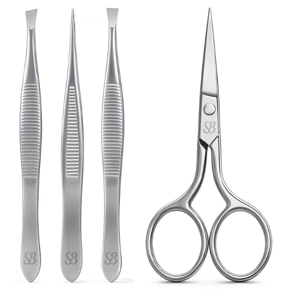 Kit Pinça Premium Dourada Chanfrada Fina e Reta + Tesourinha Reta ou Curva para Design de Sobrancelhas