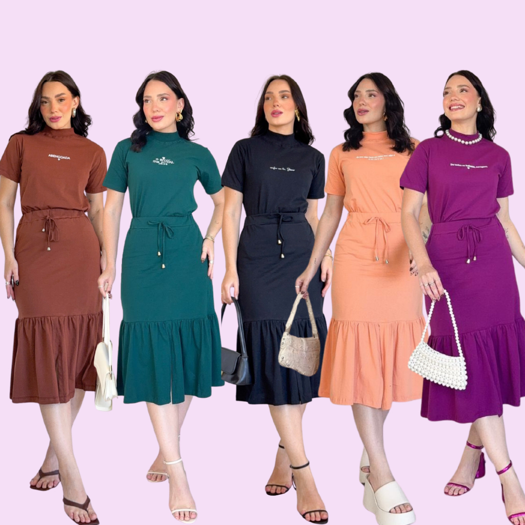 Kit 5 Conjunto Feminino Evangélico Cristã  Saia Maria Fenda e Blusa Gola alta Ribana Varias Cores