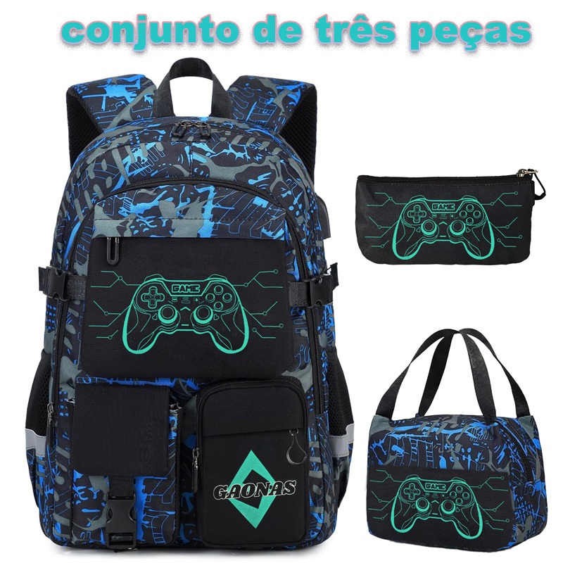 Kit Mochila Infantil Masculino 3 Peças com Lancheira Escolar + Estojo Menino-Mochila escolar impermeável