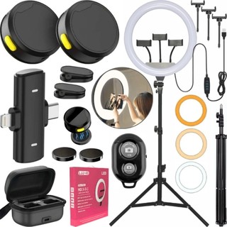 Kit Filmagem Ring Light Grande 30w Tripé Microfone Duplo Sem Fio Profissional Tipo-C e Iphone