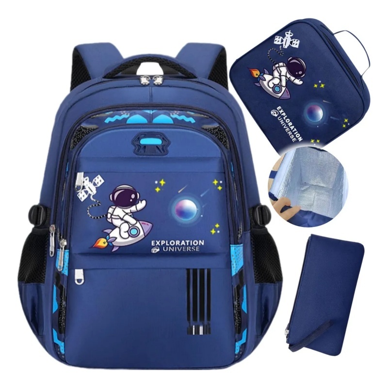Kit De Mochila Astronauta Para Meninos Com Lancheira E Estojo Bolsa Escolar Infantil Menino Impermeável Reforçada Imperm