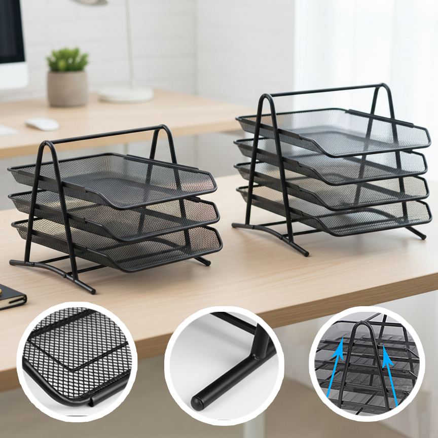 Suporte para Documentos Bandeja Aramada Preta 3/4 Níveis,Organizador de Mesa Resistente,anti-sujeira em Oferta na Shopee