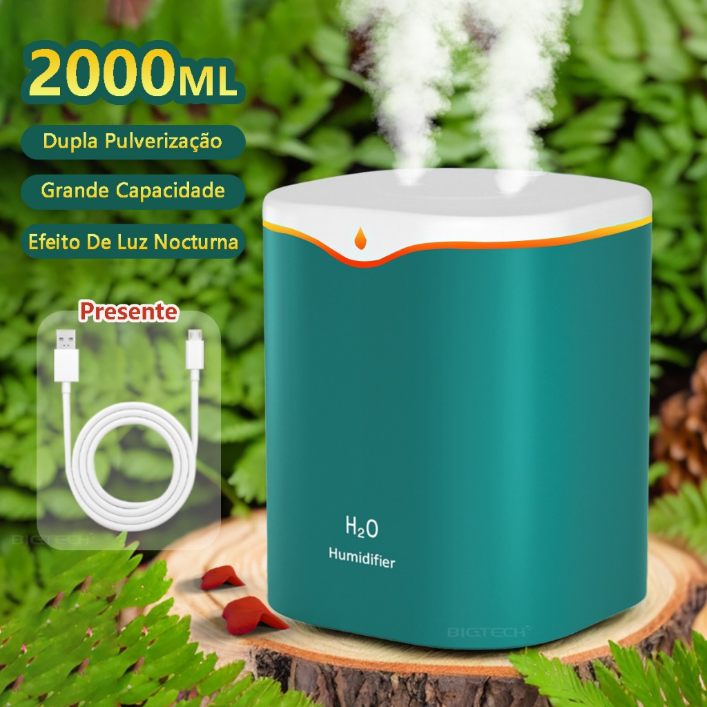 Umidificador Grande Saída Dupla Luzes LED's Coloridas 2L Silencioso Aromatizador