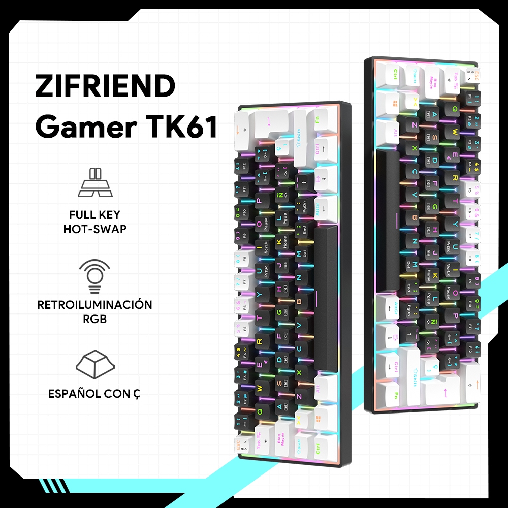 ZIFRIEND TK61 Teclado Mecânico 60% Gamer Switch Brown Red Com Fio RGB LED Mini Compacto ABNT2 Win/Mac Hot Swap em Oferta na Shopee