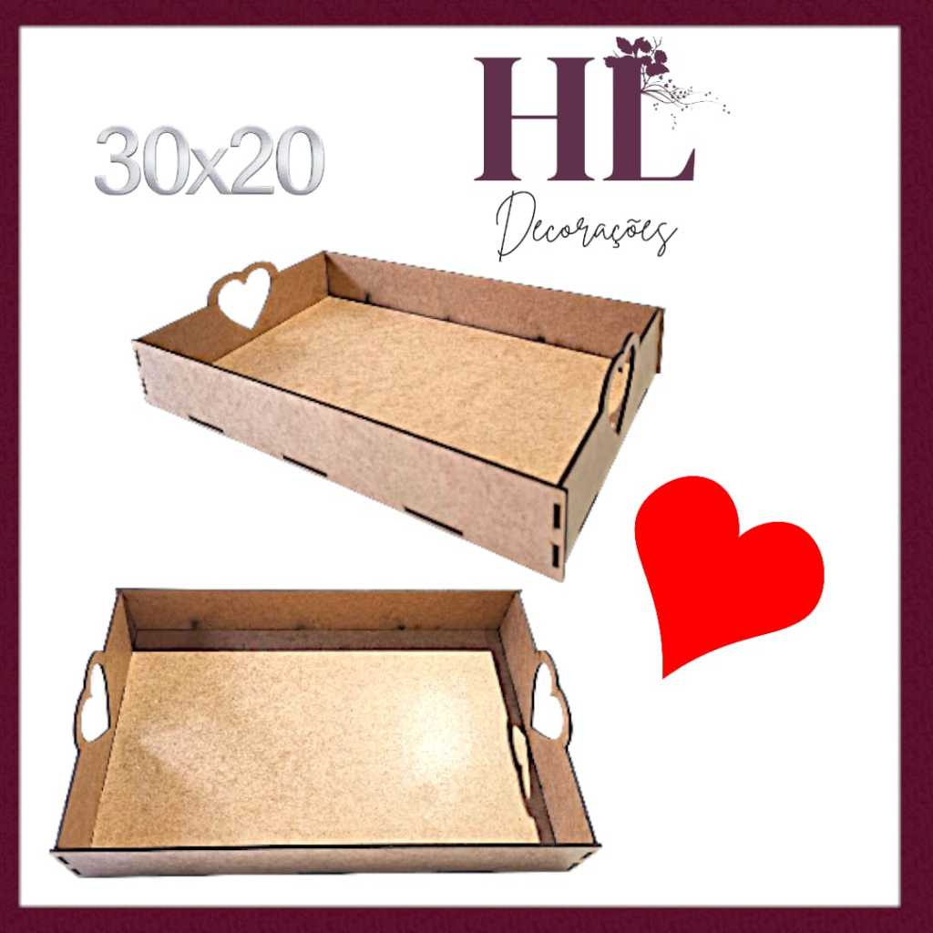 KIT Bandejas 30x20 lisa detalhe Coração MDF CRU