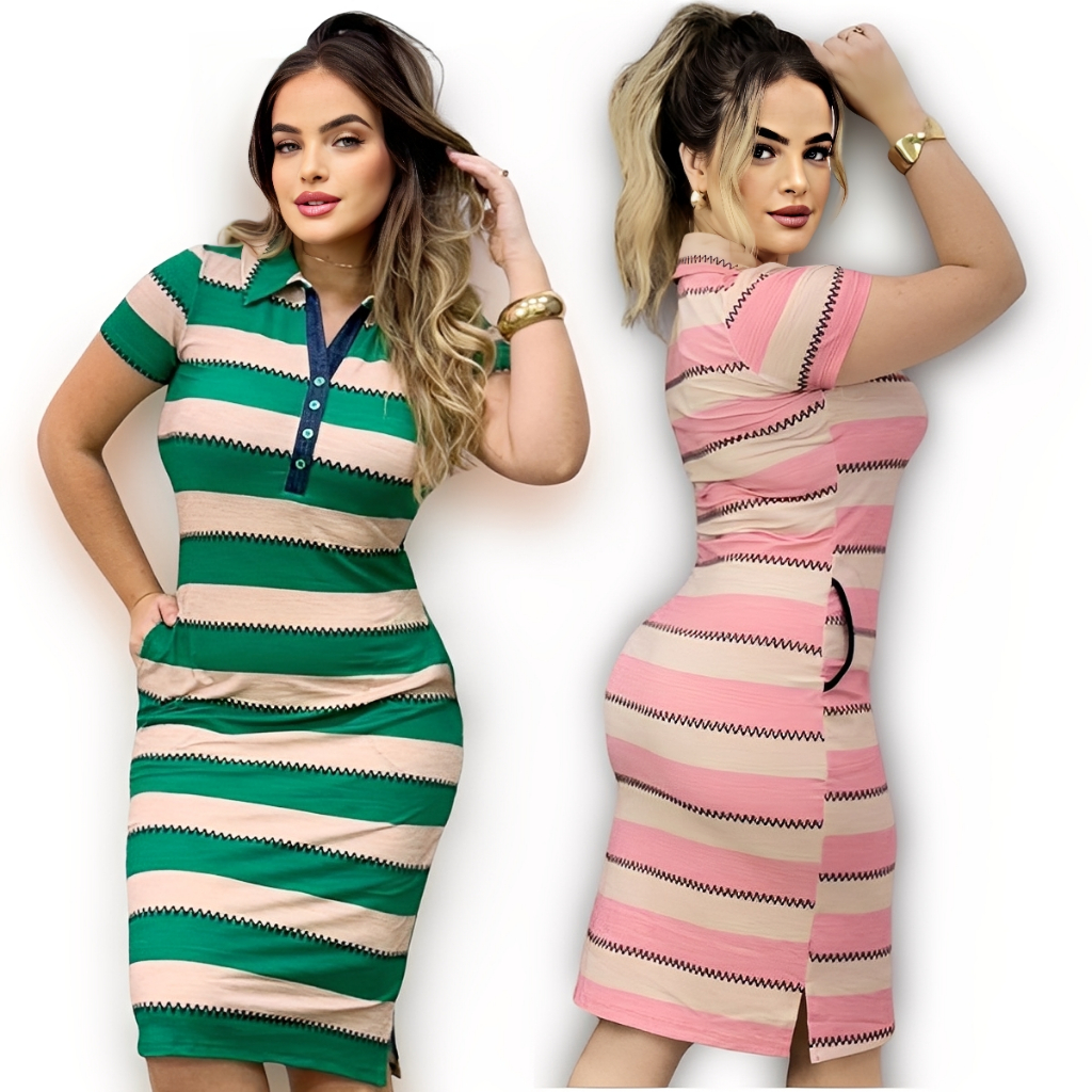Vestido Midi Listrado de Gola Polo com Botões Funcionais Tecido Viscolycra Fashion Super Elegante em Oferta na Shopee