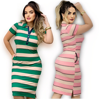 Vestido Midi Listrado de Gola Polo com Botões Funcionais Tecido Viscolycra Fashion Super Elegante em Oferta na Shopee