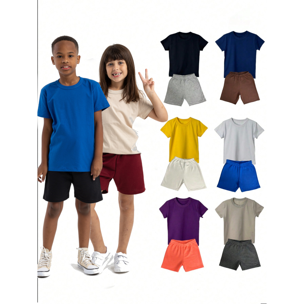 Kit 6 Peças Conjunto Infantil Unissex Menino Menina Verão 3 Camiseta 3 Bermuda Shorts