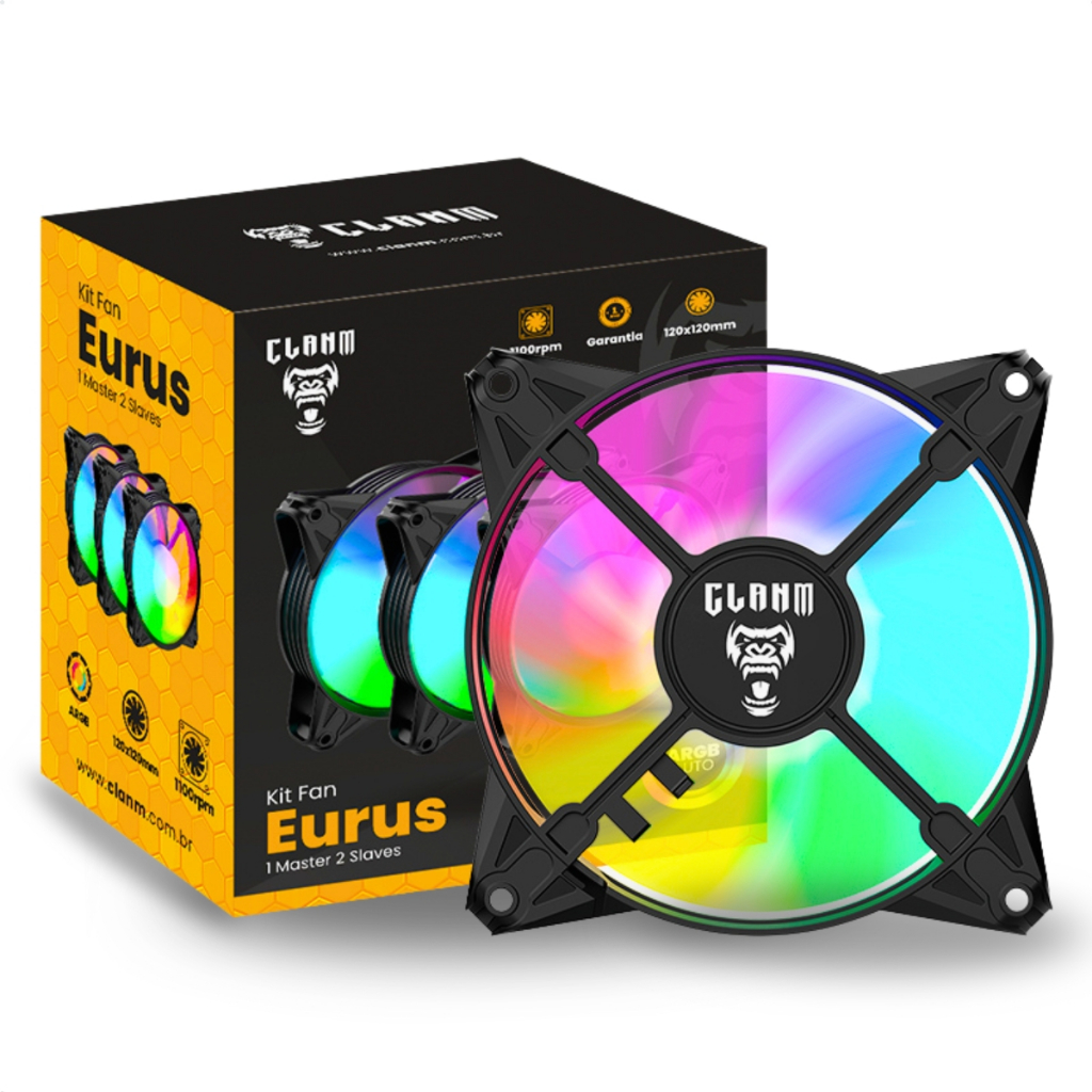 Kit 3 Ventoinha Cooler Fan 120mm Led RGB 4 Pinos Clanm Eurus Preto