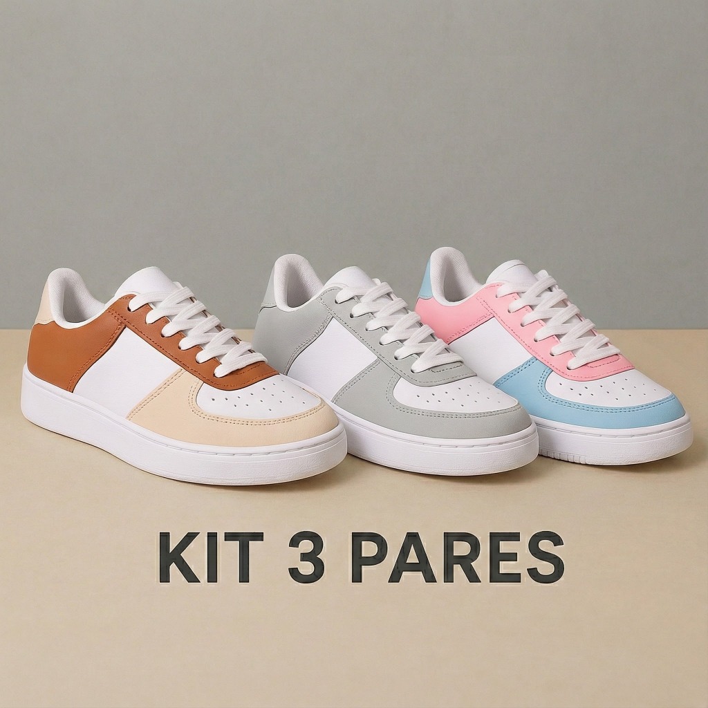 Kit 3 Pares Tênis Casual Street Versatil Confortavel Para Trabalho Escola Passeios E Lazer Diario