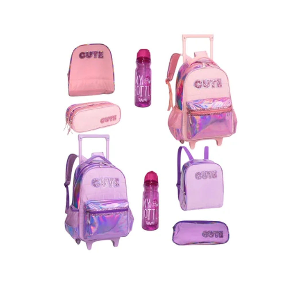 Kit Mochila de Rodinhas/Lancheira/Estojo/Garrafinha CUTE 14 - Nova Rio