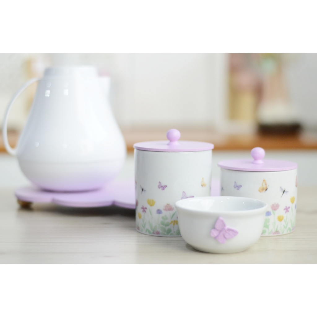 Kit Higiene Porcelana Borboletas Tema Jardim Encantando K175 Lilas Bebê Potes Algodão Cotonete Cuidados — imagem 2 de 2