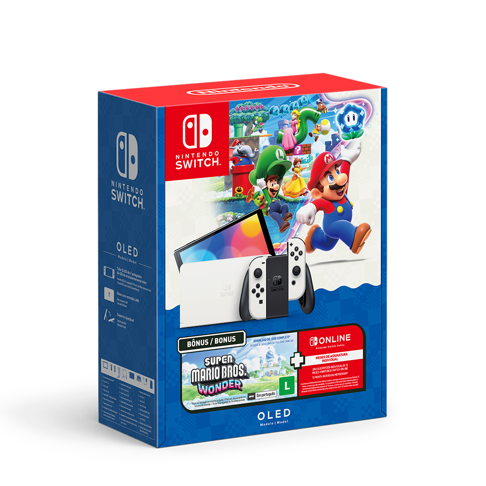 Console Nintendo Switch OLED Branco + Super Mario Bros. Wonder + Voucher Nintendo Switch Online 3 Meses