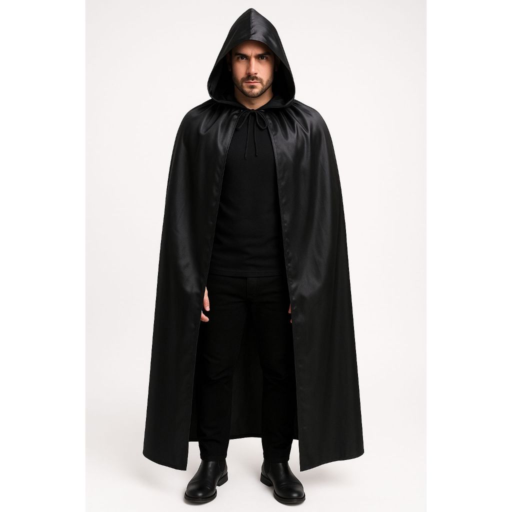 Capa Capuz Preta Fantasia Cetim Adulto 175cm Festa Halloween Vampiro Morte Fantasia Cosplay Dracula Bruxa em Oferta na Shopee