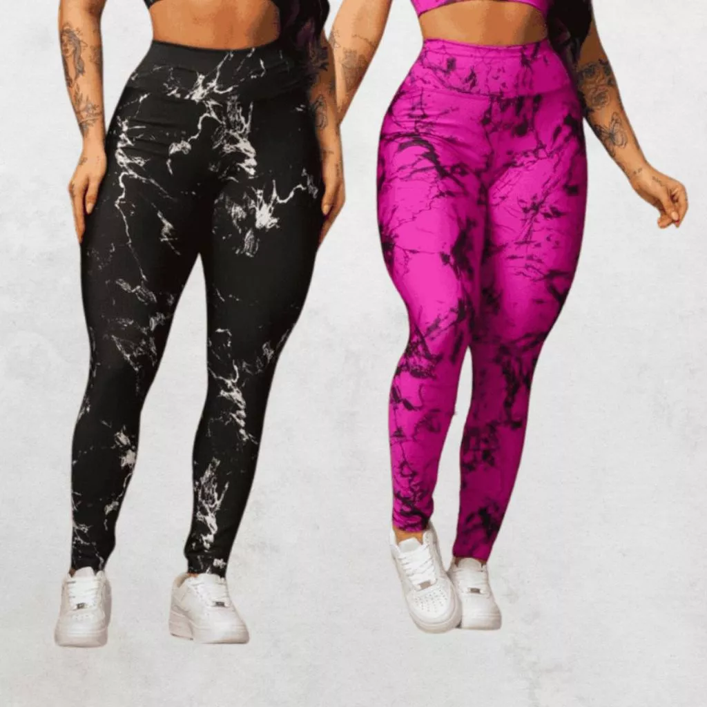 Kit 2 Calças Legging Feminina Marmorizada Tie-Dye Cintura Alta Fitness Para Treino Academia Yoga — imagem 1