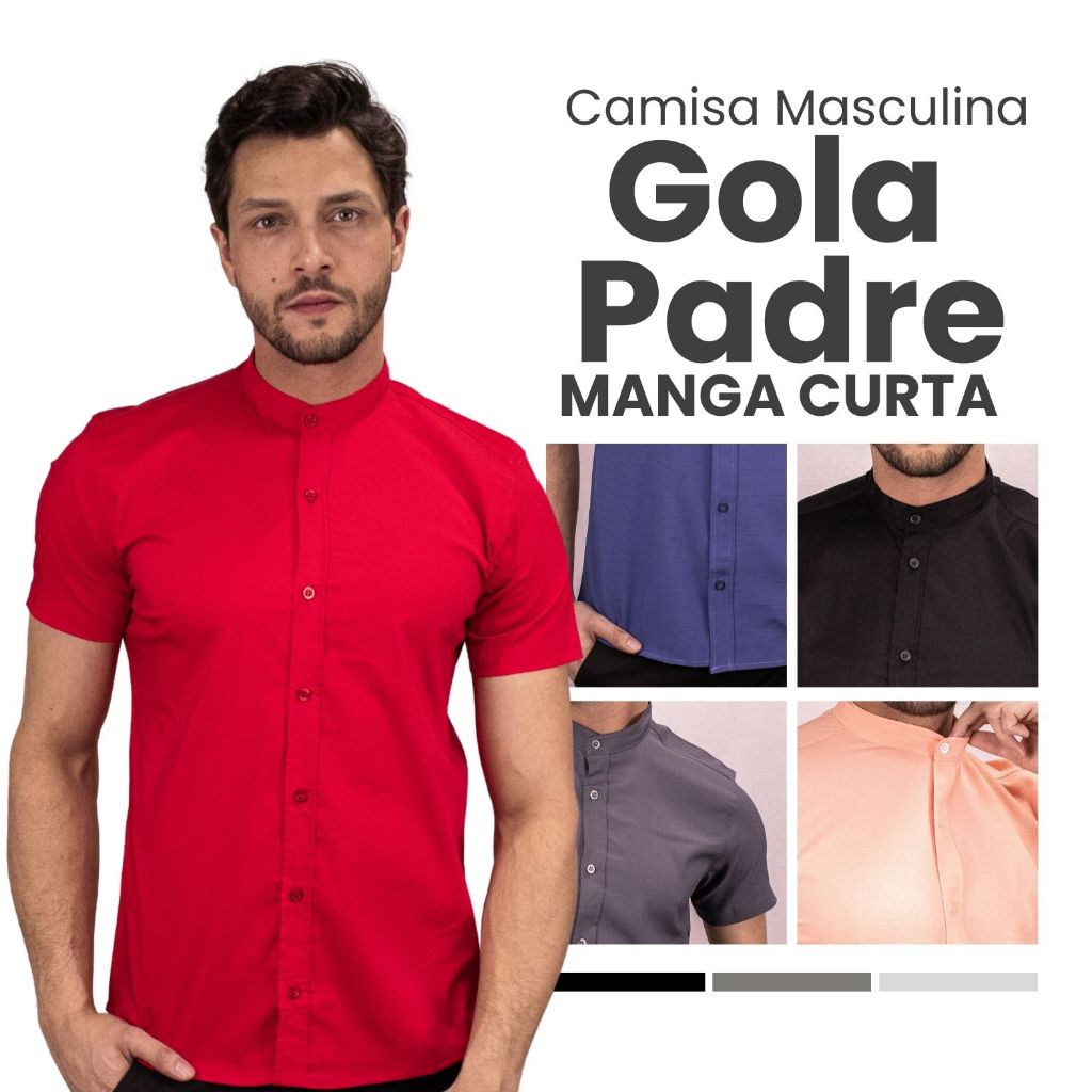 Camisa Social Masculina Manga Curta Gola Padre