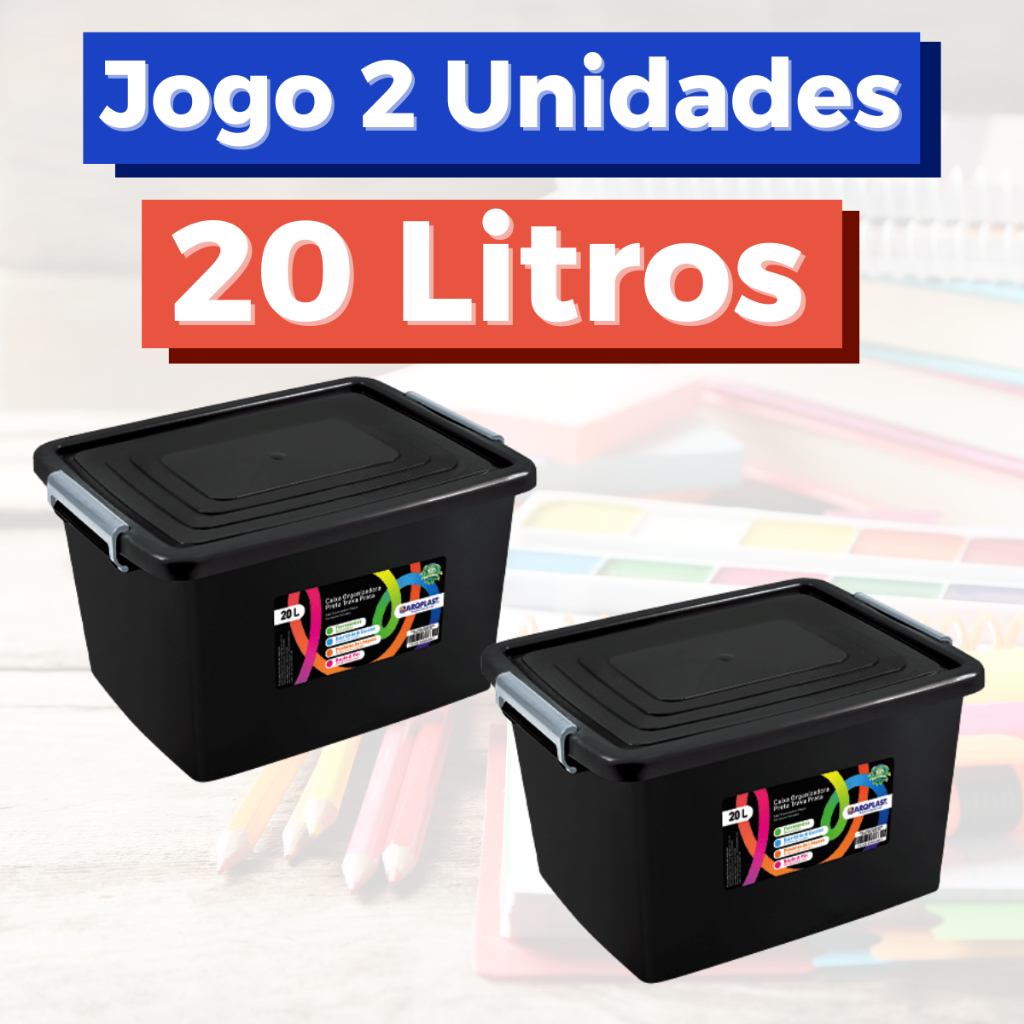Jogo De 2 Caixas Organizadoras Containers Pretas Com Tampa e Trava 20 Litros Cesto Organizador Preto em Oferta na Shopee